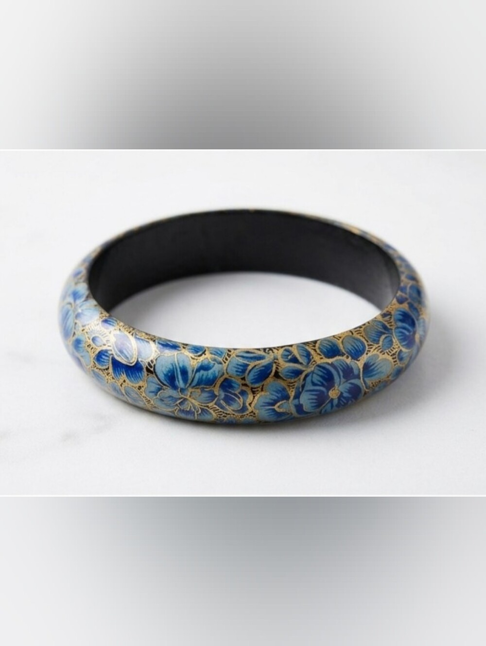 Blue Floral Enamel Bangle Bracelet with Gold Accents